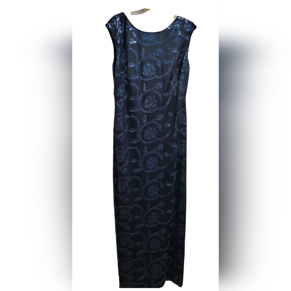 Lauren By Ralph Lauren Evening Long Gown Navy Blue Floral Sequined